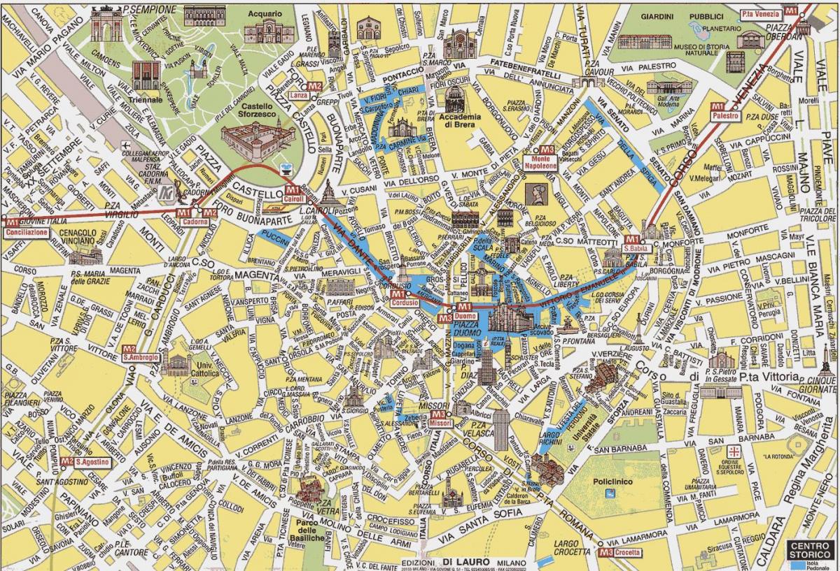 milānas pilsētas karte ar apskates vietas